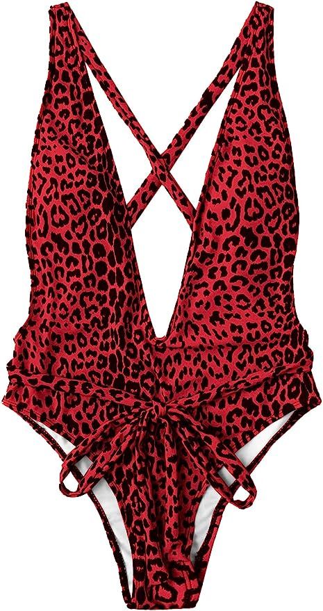 SweatyRocks Women's Sexy Bathing Suits Criss Cross Tie Knot Front Deep V Open Back Leopard One Pi... | Amazon (US)