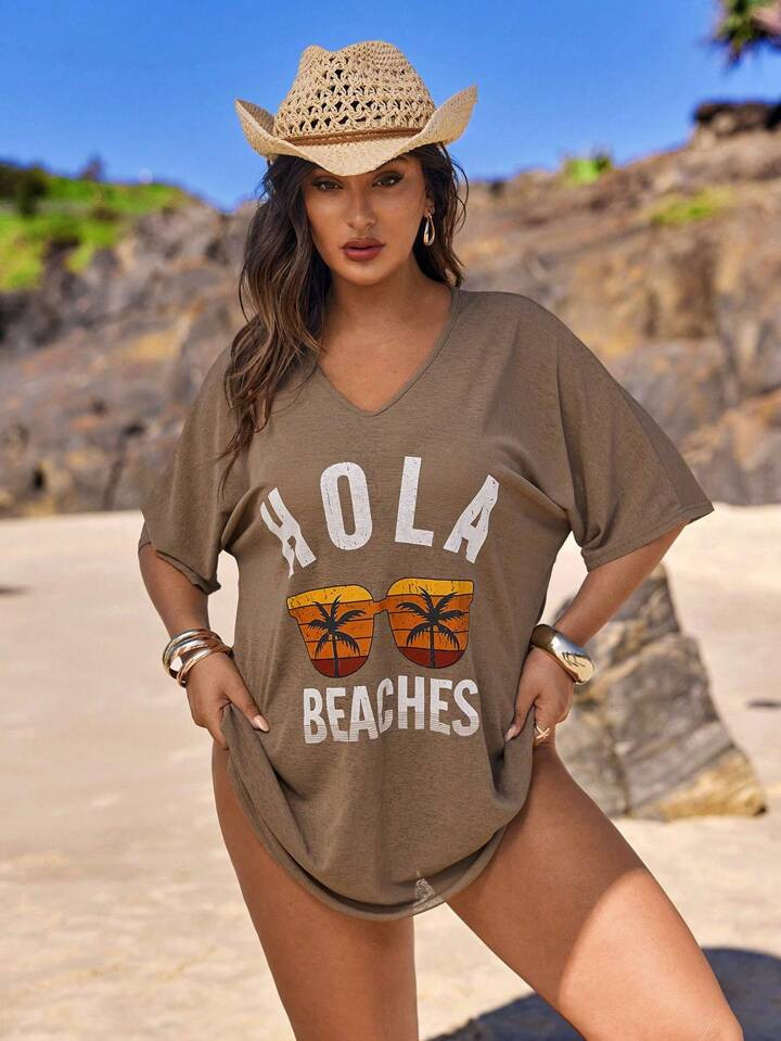 Swim Lushoire Plus Size Casual Letter Print Batwing Sleeve Coverup Dress Summer | SHEIN