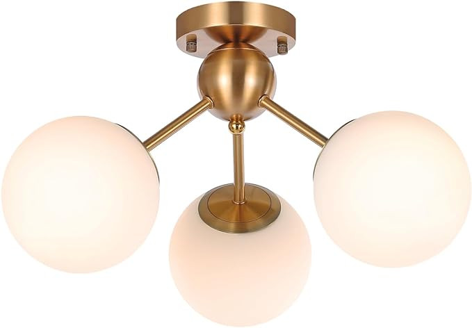 Gold Modern Globe Ceiling Light White Globe Glass Shade 3-Lights Semi Flush Mount Mid Century Spu... | Amazon (US)
