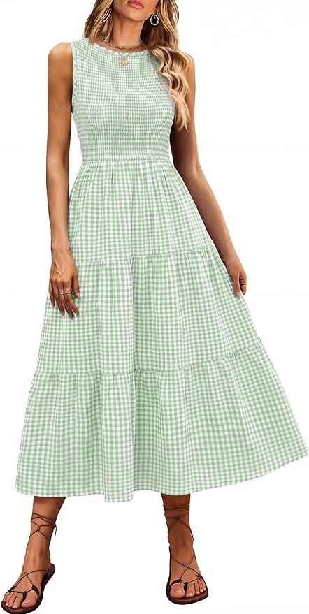 ANRABESS Women's Summer Casual Maxi Dress Sleeveless Crewneck Smocked 2026 Flowy Plaid Tiered Boh... | Amazon (US)