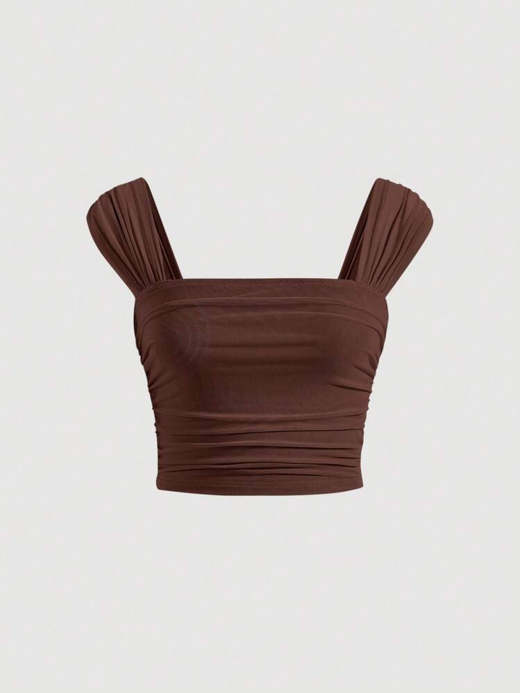 SHEIN MOD Solid Ruched Crop Wide Strap Top | SHEIN