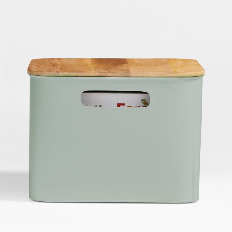Outline Sage Medium Metal Floor Storage Bin with Wood Lid + Reviews | Crate & Kids | Crate & Barrel