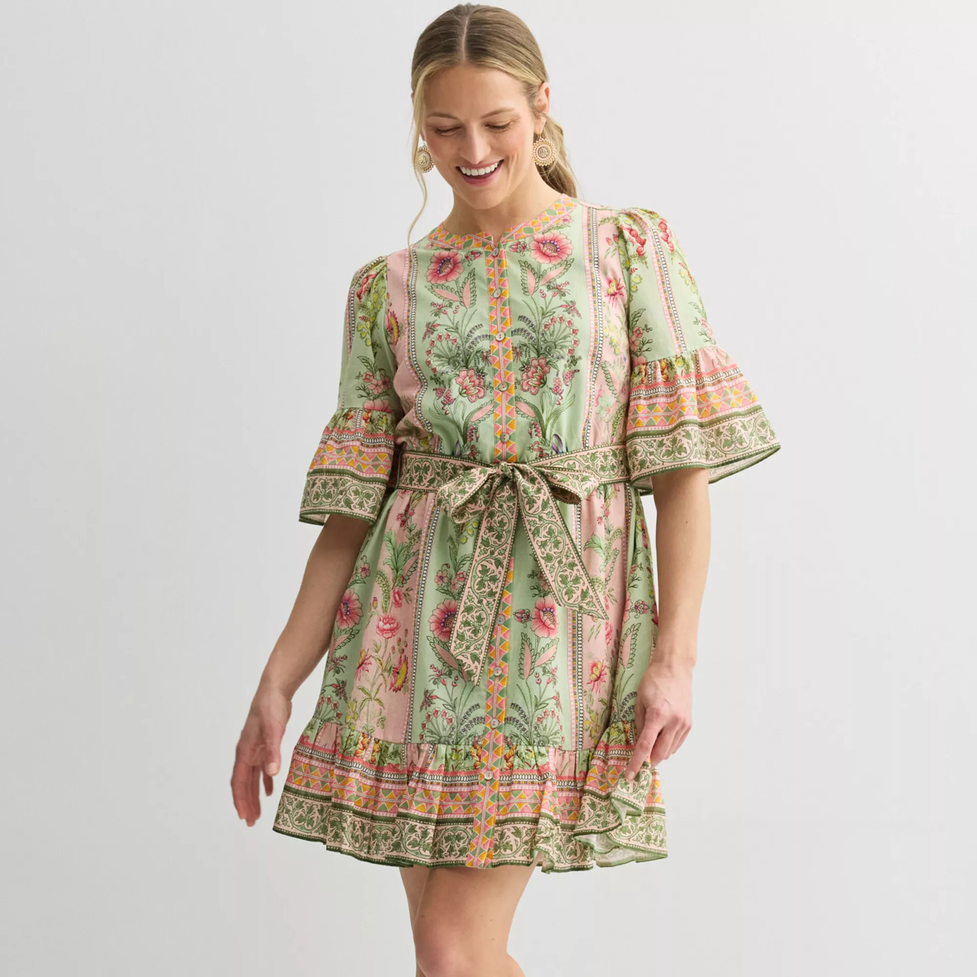 Petite Farmers Market Bell Sleeve Belted Mini Dress | Kohl's