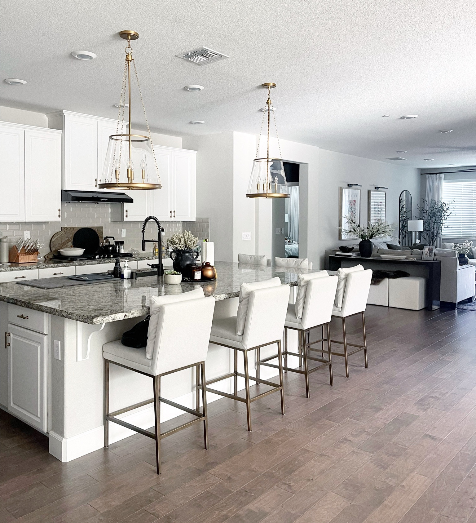 New kitchen pendant lights - brass to add some more warmth to the space.  Living room & kitchen #livingroom

#LTKhome