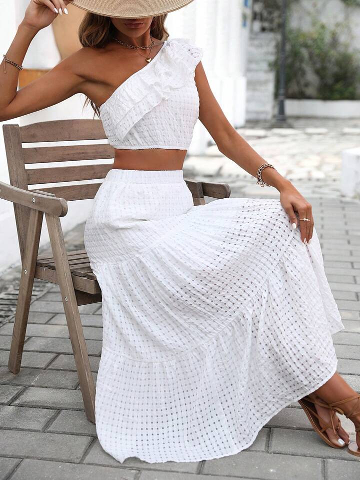 SHEIN VCAY One Shoulder Ruffle Trim Top & Skirt | SHEIN