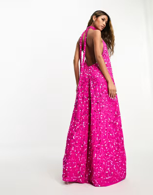 ASOS DESIGN sequin halter neck jumpsuit in bright pink | ASOS (Global)