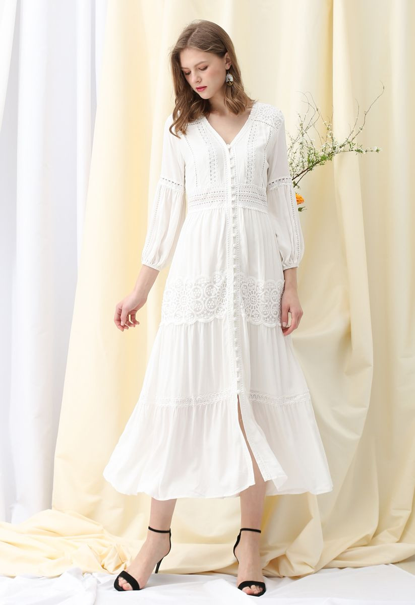 Button Down Crochet Embroidered Boho Maxi Dress in White | Chicwish
