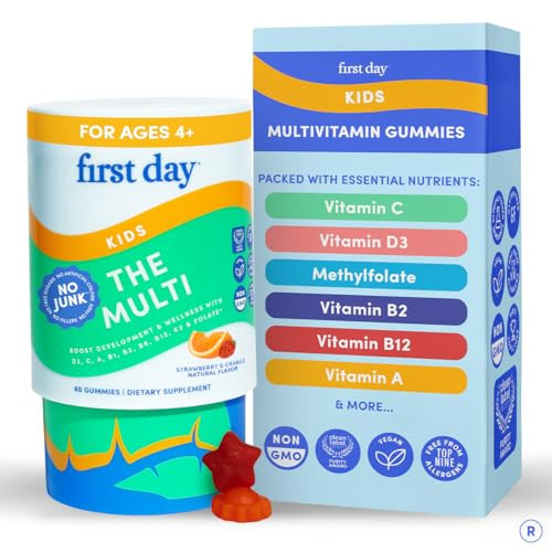 First Day Kids Multivitamin Gummies Age 4+, Strawberry & Orange - Kids Vitamins Multivitamin Gummy A C D3 K2 B1 B2 B6 B12 Folate, Immunity & Brain Function, Vegan - 30 Day Supply, Packaging May Vary | Amazon (US)