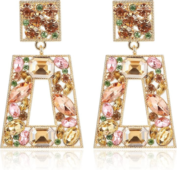 Rhinestone Rectangle Statement Earrings Colorful Crystal Geometric Drop Dangle Earrings for Women... | Amazon (US)