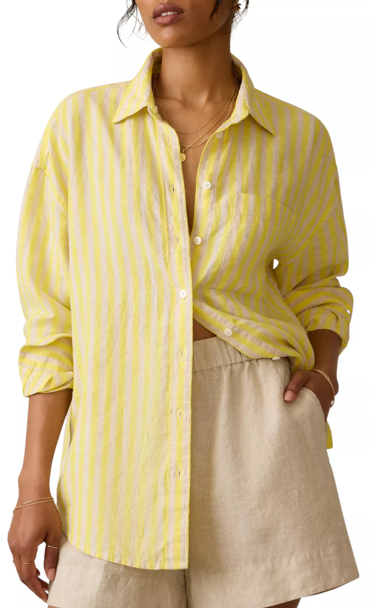 Faherty Women's Laguna Linen Relaxed Shirt, Medium, Golden Kiwi Lucy Stripe | Public Lands