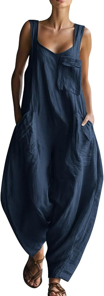 ABABC Womens Loose Overalls Summer Boho Wide Leg Rompers Casual Baggy Sleeveless Jumpsuits with M... | Amazon (US)
