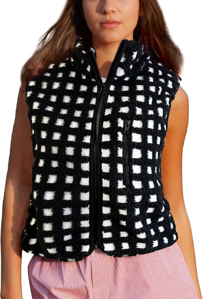Womens Checkered Sherpa Vest Sleeveless Winter Fleece Jacket High Neck Zip Up Plaid Gilet with Ch... | Amazon (US)