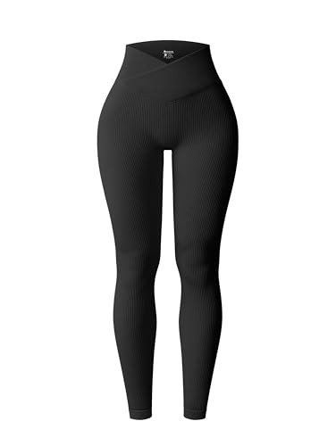 OQQ Women's Leggings Ribbed Cross Over High Waist Athletic Exercise Lounge Travel Pants Black | Amazon (US)
