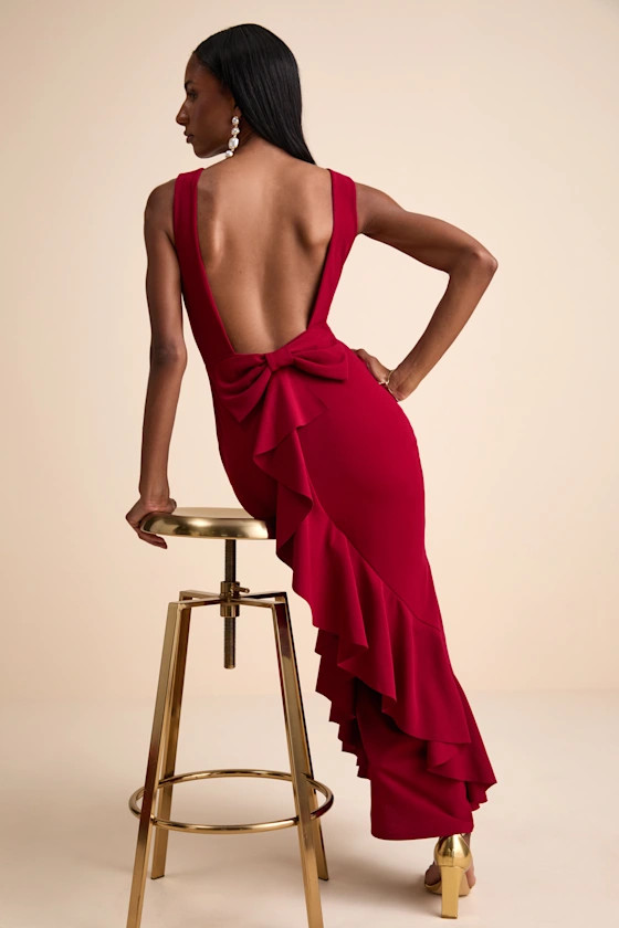 Exquisite Refinement Red Backless Bow Ruffled Maxi Dress | Lulus