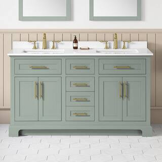 Doveton 60 in. Double Sink Sage Green Bath Vanity with White Engineered Stone Top (Assembled) | The Home Depot