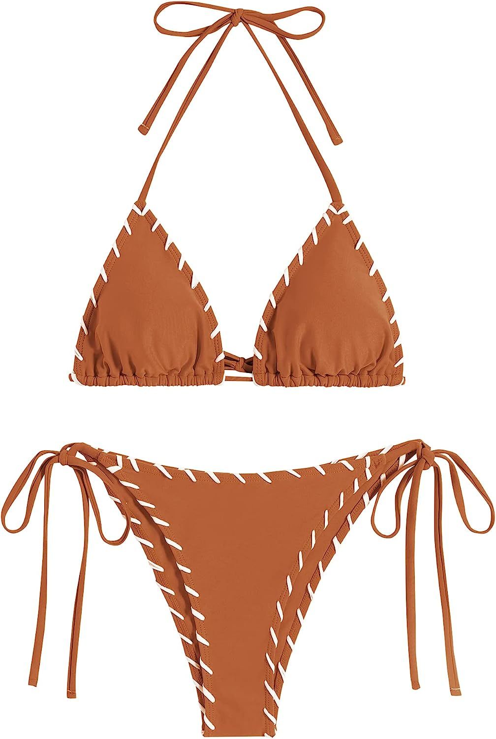 ZAFUL Women Bikini Set Two Piece Twisted Trim Tie Back Halter Cheeky Swimsuit Bathing Suit | Amazon (US)
