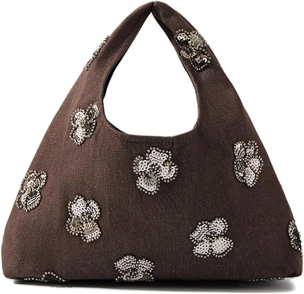 Floral Denim Handbag for Women, Sequin Beaded Triangle Shoulder Tote Bag Party Clutch Purse | Walmart (US)