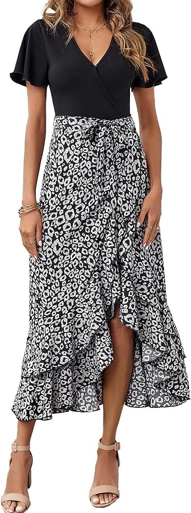 BTFBM Women Summer Long Dresses 2023 Short Sleeve V Neck Boho Floral Print Tie Waist High Low Ruf... | Amazon (US)