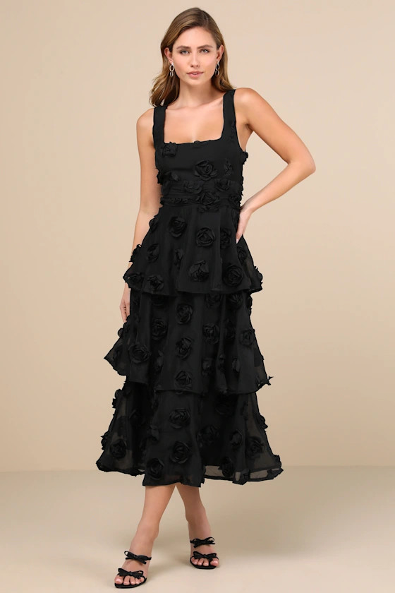 Exceptional Entrance Black Sleeveless Tiered Rosette Midi Dress | Lulus