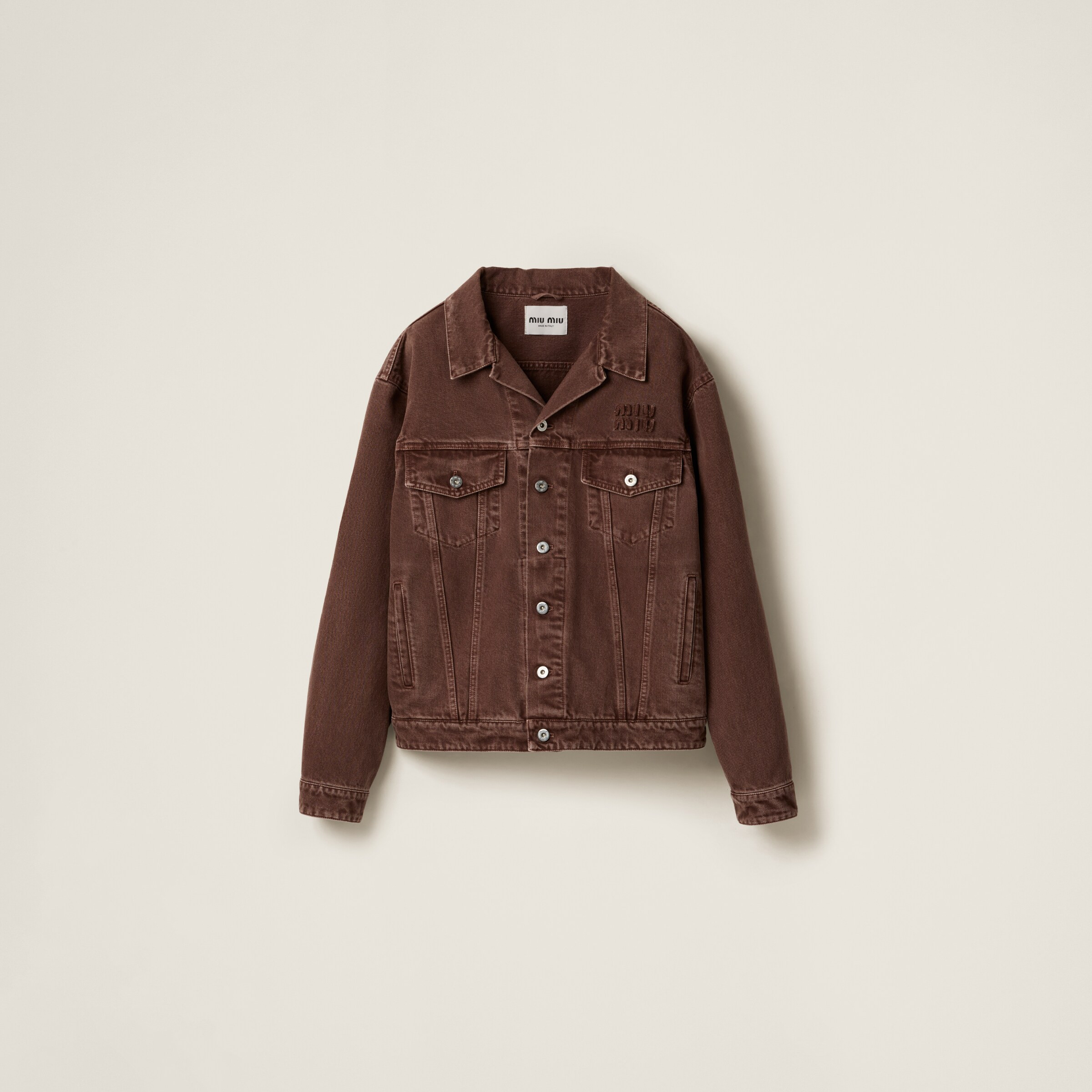 Brown Garment-dyed Denim Blouson | Miu Miu | Miu Miu US