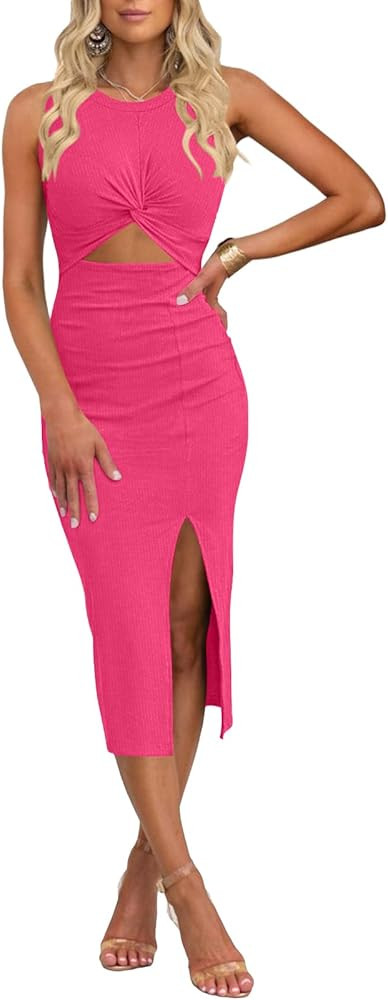 oten Women's Casual Sleeveless Cutout Twist Front Side Slit Ribbed Knit Party Bodycon Midi Dresse... | Amazon (US)