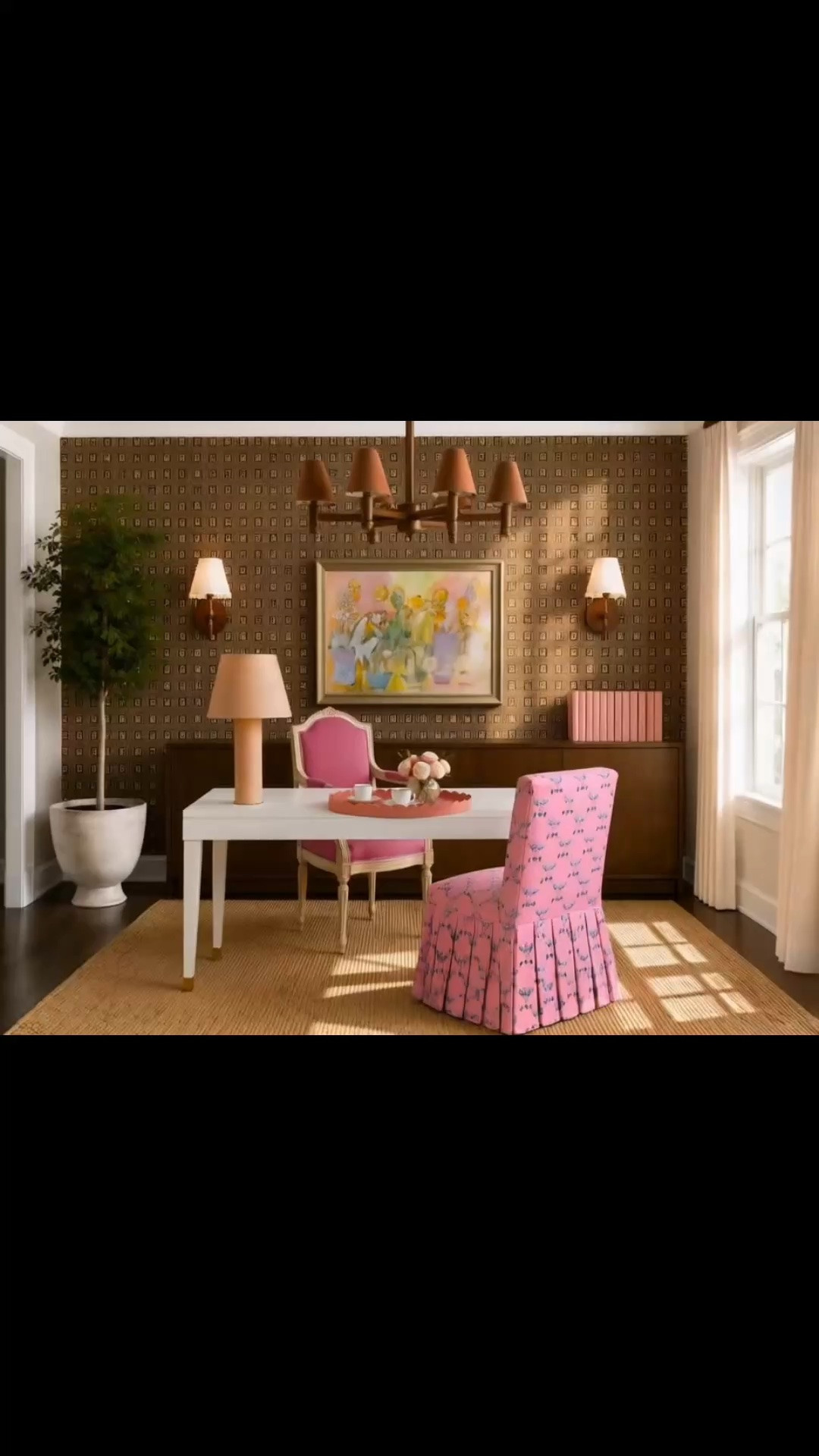 Morning coffee in the office, surrounded by a mix of modern color and timeless character. The tailored drapes, natural jute rug, playful skirted chair, classic Louis XVI chair, and crisp white writing desk create a workspace that feels polished, collected, and full of personality. Finished with sculptural lighting, layered artwork, a warm wood console, and a styled coffee tray for the perfect start to the day. ☕️🌸

#MorningCoffee #HomeOffice #OfficeDesign #Drapes #JuteRug #SkirtedChair #LouisXVIChair #WritingDesk #TableLamp #FlowerArrangement #Tray #Wallpaper #Art #Console #Chandelier #Planter

#LTKdayinmylife #LTKHome #LTKSaleAlert