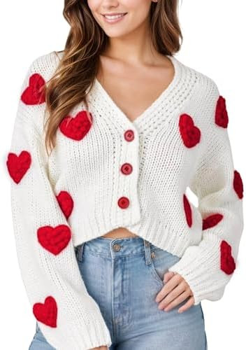 Women Valentines Day Cropped Cardigan Sweaters Love Heart Printed Open Front Button Down Knit Swe... | Amazon (US)