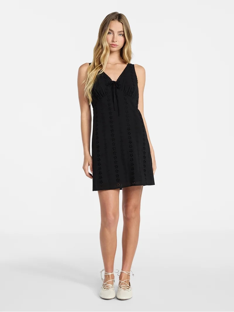 No Boundaries Cotton Lace Trim Plunge Mini Dress, Women's XXS-XXL | Walmart (US)