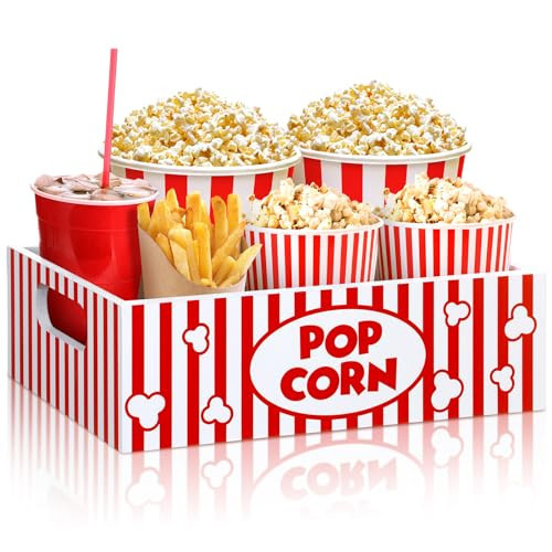 GlikCeil Movie Night Supplies Snack Trays with Handles Reusable Wooden Movie Gift Basket for Theater Popcorn Bucket Bowl Box Container Family Room Decor(Striped) | Amazon (US)