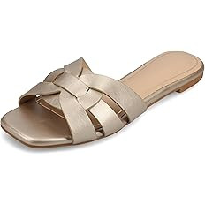 Journee Womens Flat Open Square Toe Fashion Banded Sandal Comfortable Dressy Slip On Arrina Slide | Amazon (US)