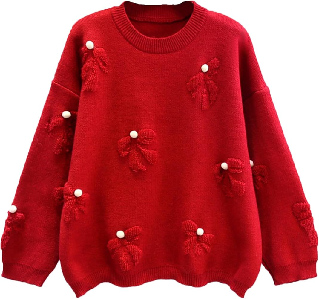 Women's Cute Bow Slouchy Pullover Sweater Fall/Winter Solid Loose Crewneck Long Sleeve Crochet Kn... | Amazon (US)