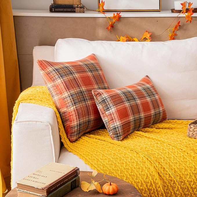 AQOTHES Fall Plaid Orange Throw Pillow Covers 18x18 Inch, Set of 2 Autumn Decorative Throw Pillow... | Amazon (US)