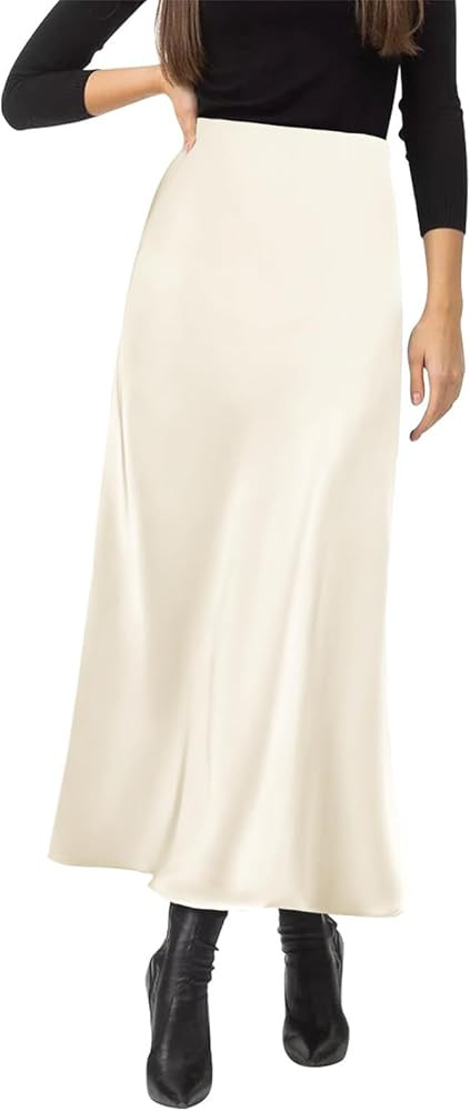 Women's Satin Silky High Waist Maxi Skirt Elegant Elastic Waistband A Line Long Skirts | Amazon (US)