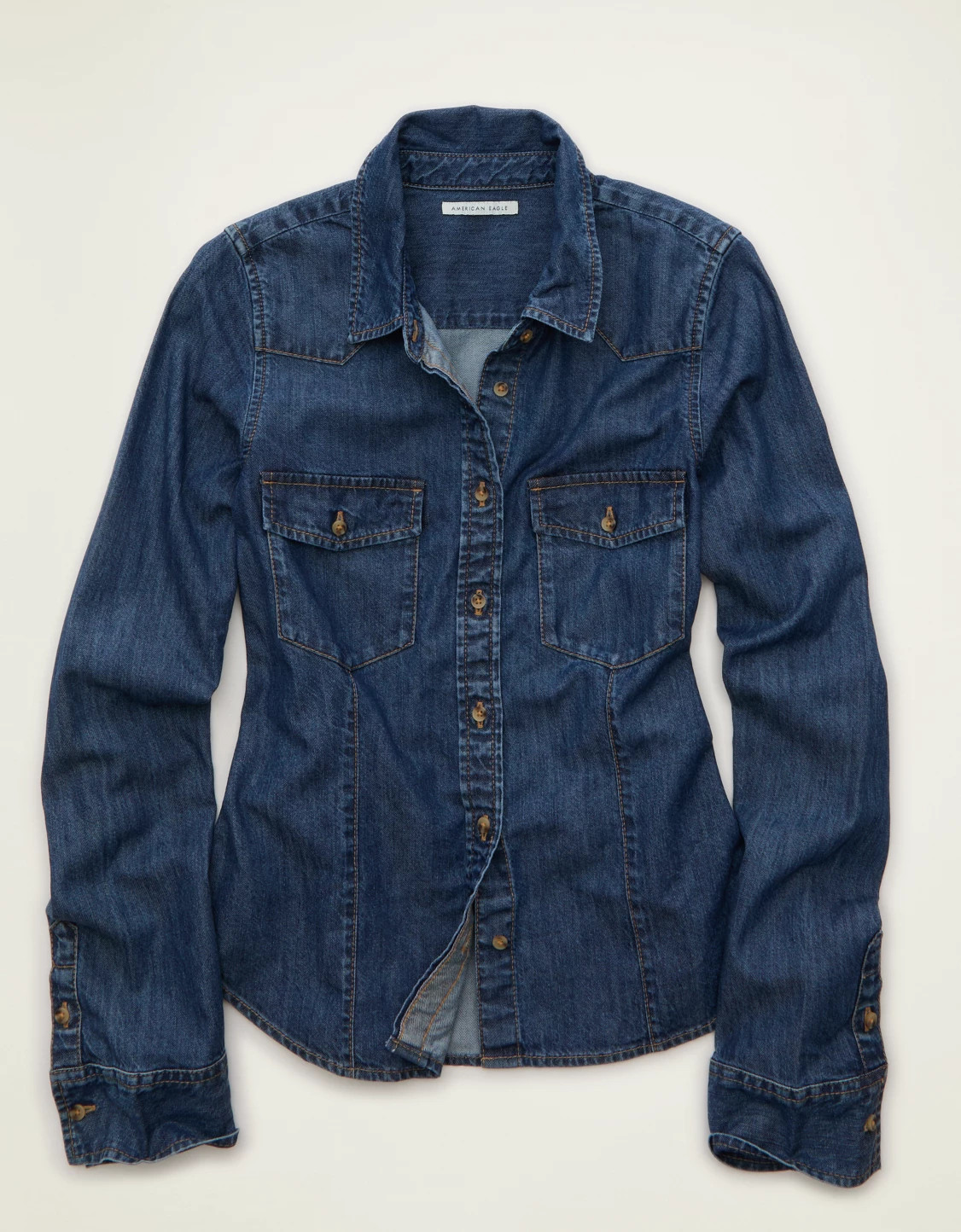 AE Fitted Denim Button-Up Shirt | American Eagle Outfitters (US & CA)