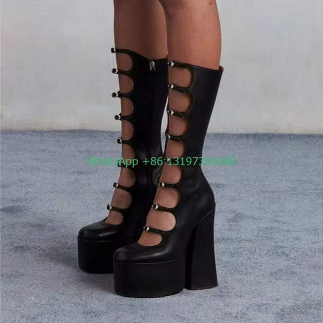 Thick Sole Black Hollow Calf Boots Side Zipper Rough Square Heel Pole Dance Shoes Super Heel Sexy... | AliExpress (US)