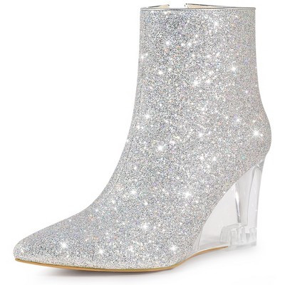 Perphy Women's Sparkly Glitter Pointy Toe Clear Wedge Heels Ankle Booties 7 Silver | Target