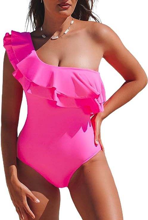 Hilinker Women's One Piece Swimsuit One Shoulder Ruffle Monokinis Bathing Suit | Amazon (US)
