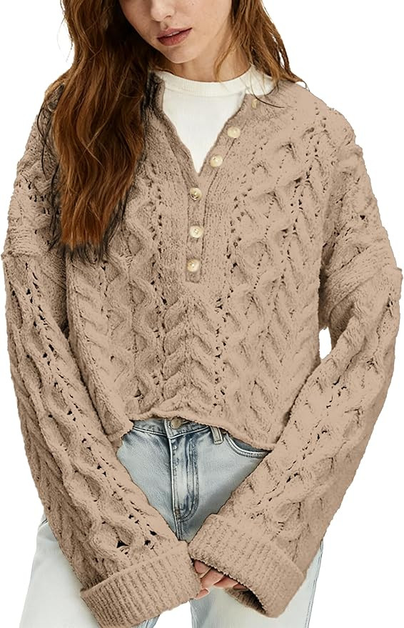 Women's Chunky Cable Knit Sweater Casual Long Sleeve Crewneck Crochet Pullover Boho Fall Winter T... | Amazon (US)