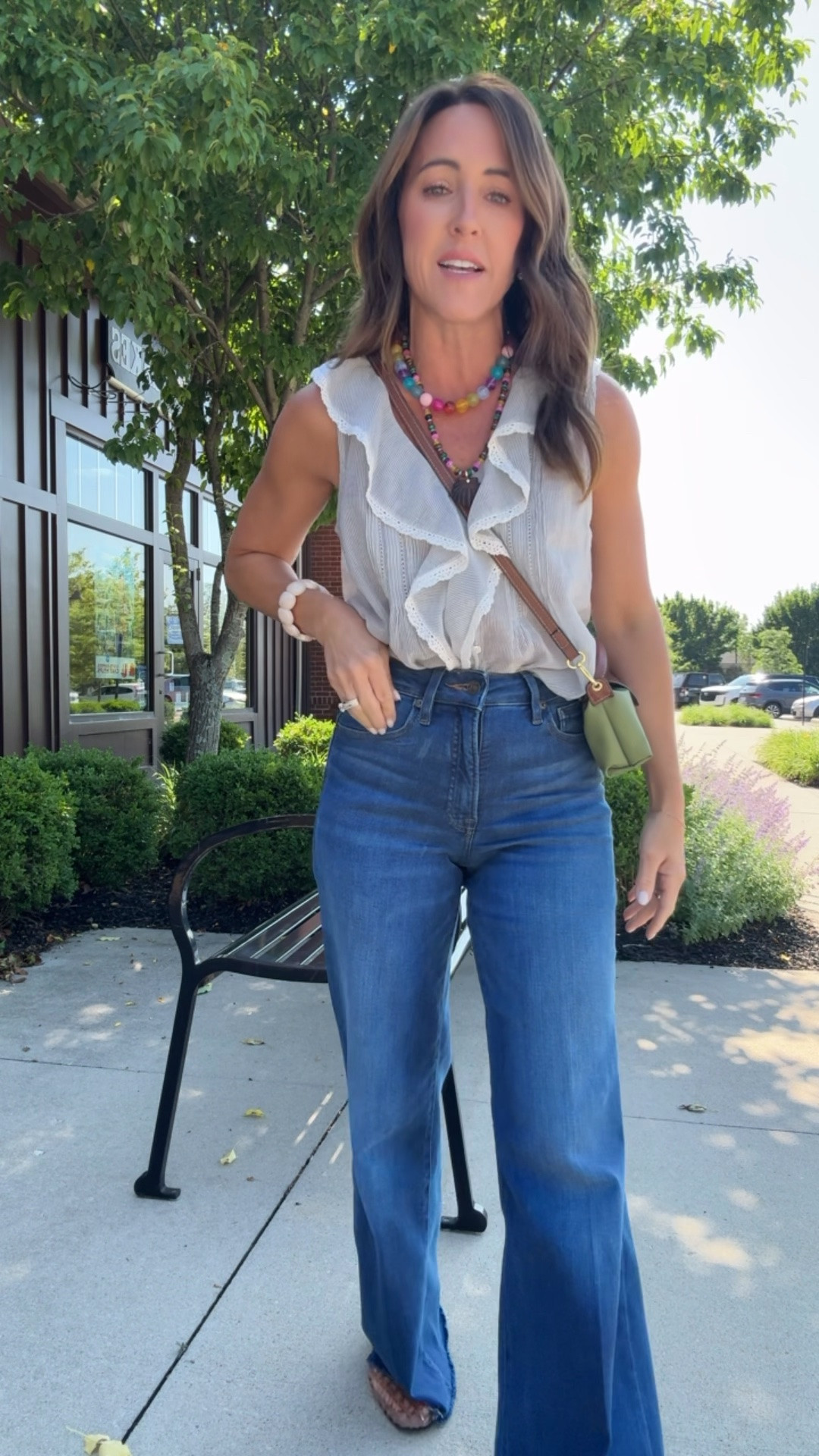XS blouse. 
A favorite style now in a sleeveless style for Summer. 
Size 0 jeans

#LTKootd #LTKmomlife #LTKSeasonal