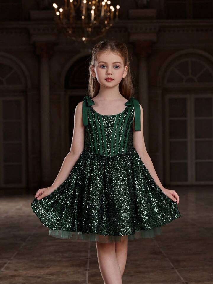 Tween Girl's Sleeveless Shoulder Strap Mid-Length Sparkly Party Dress | SHEIN