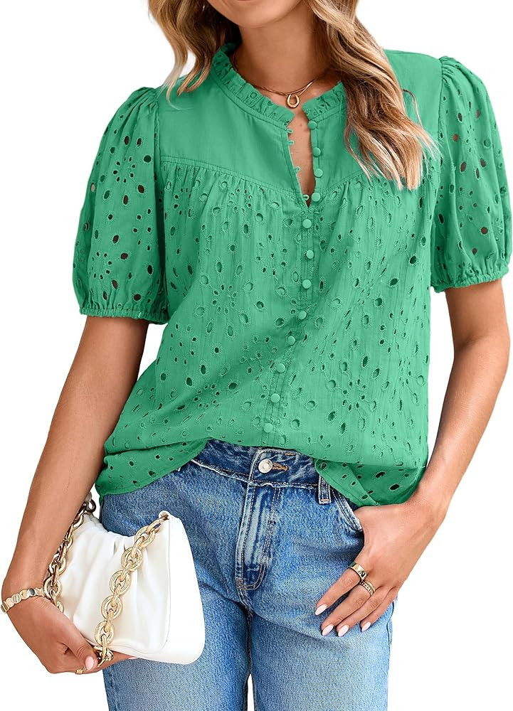 Glamaker Womens Summer Tops Blouse 2025 Casual Eyelet Embroidered Short Puff Sleeve Lace Hollow O... | Amazon (US)