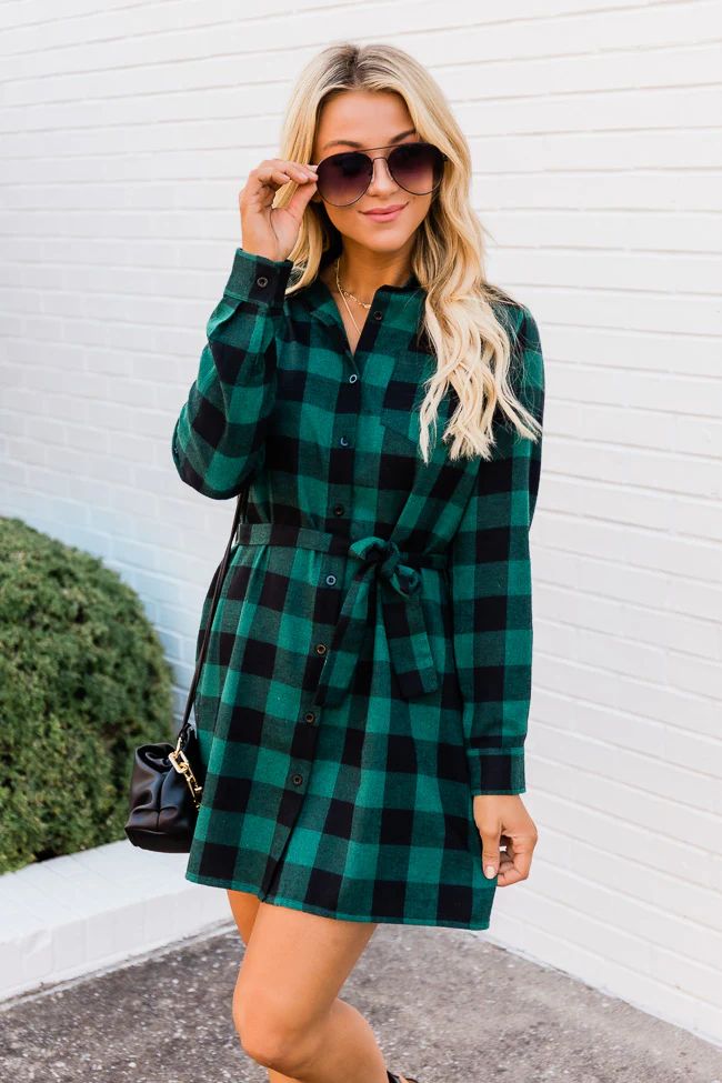 Out Of My Control Plaid Tie Waist Green Dress | The Pink Lily Boutique
