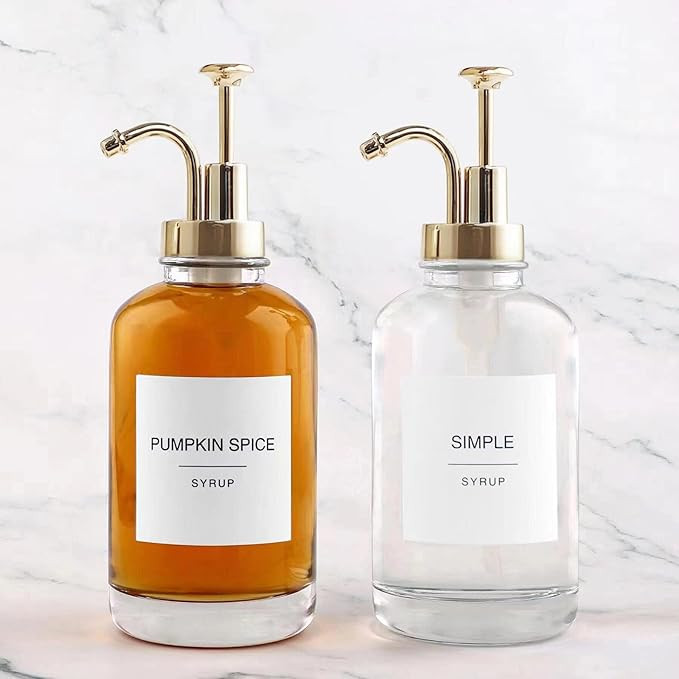 Coffee Bar Accessories - Glass Coffee Syrup Dispenser with 84 Syrup Labels (Set of 2), Fancy Pump... | Amazon (US)