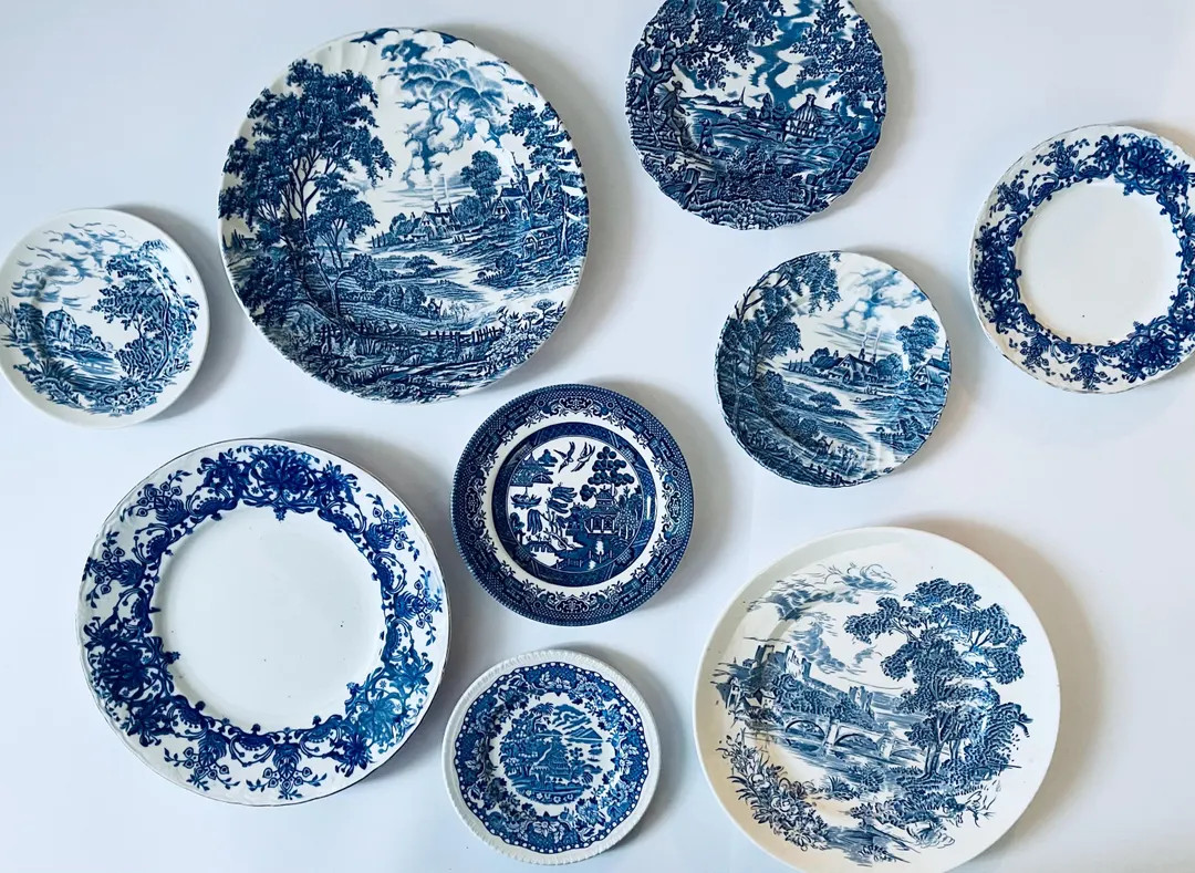 Vintage Blue & White Plate Gallery Wall Set: Antique English China (1902-1970) | Etsy (US)