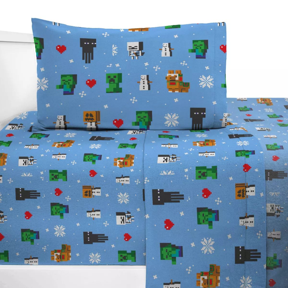 Twin Minecraft Snowflakes Mobs Flannel Kids' Sheet Set | Target