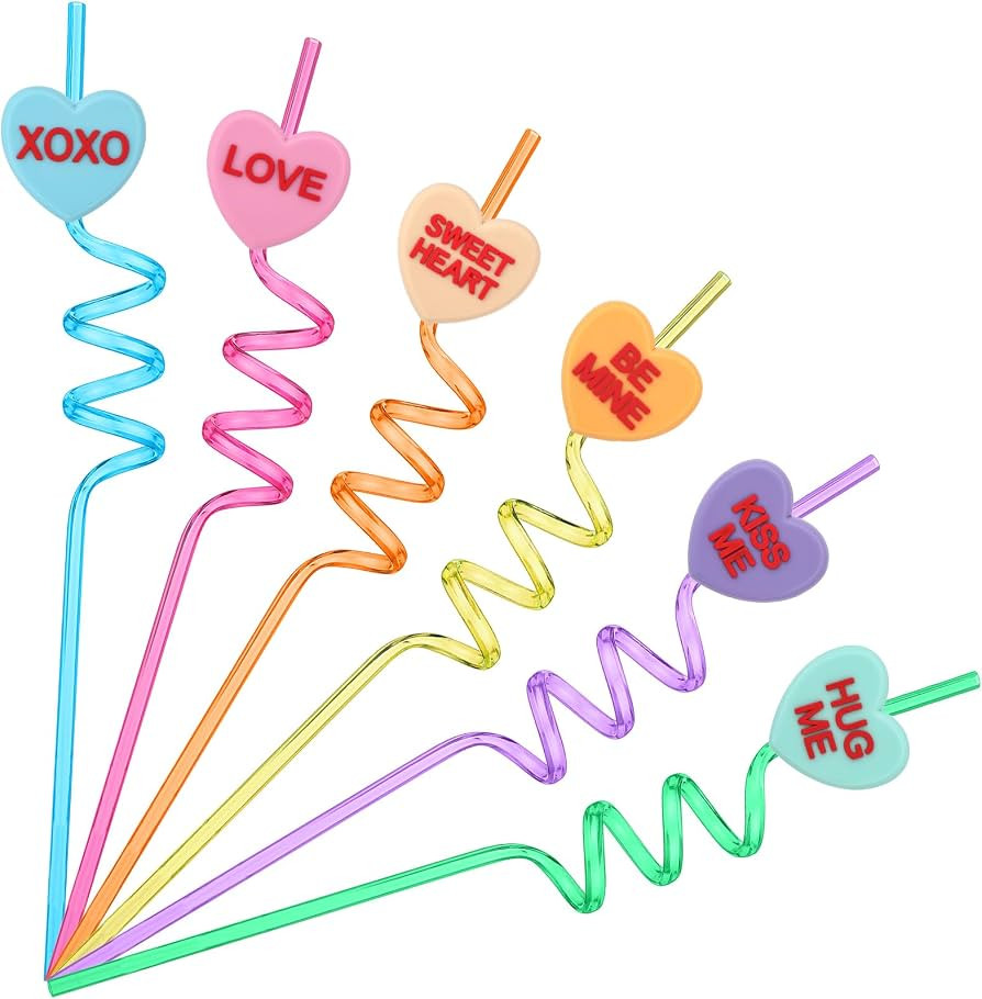 Jingmore 24 Pcs Valentines Plastic Straws with Conversation Heart Slices Candy Heart Reusable Dri... | Amazon (US)