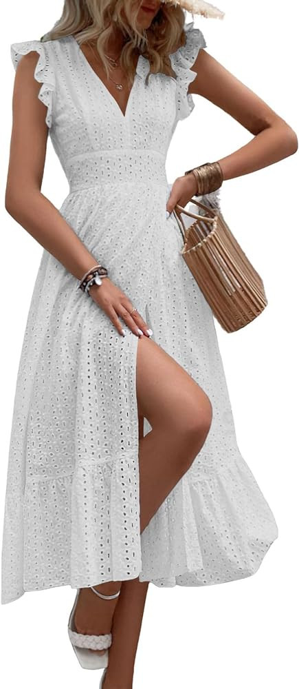 chouyatou Women's Summer Flutter Sleeve Embroidery Eyelet Lace Dress V-Neck A-Line Beach Sun Dres... | Amazon (US)
