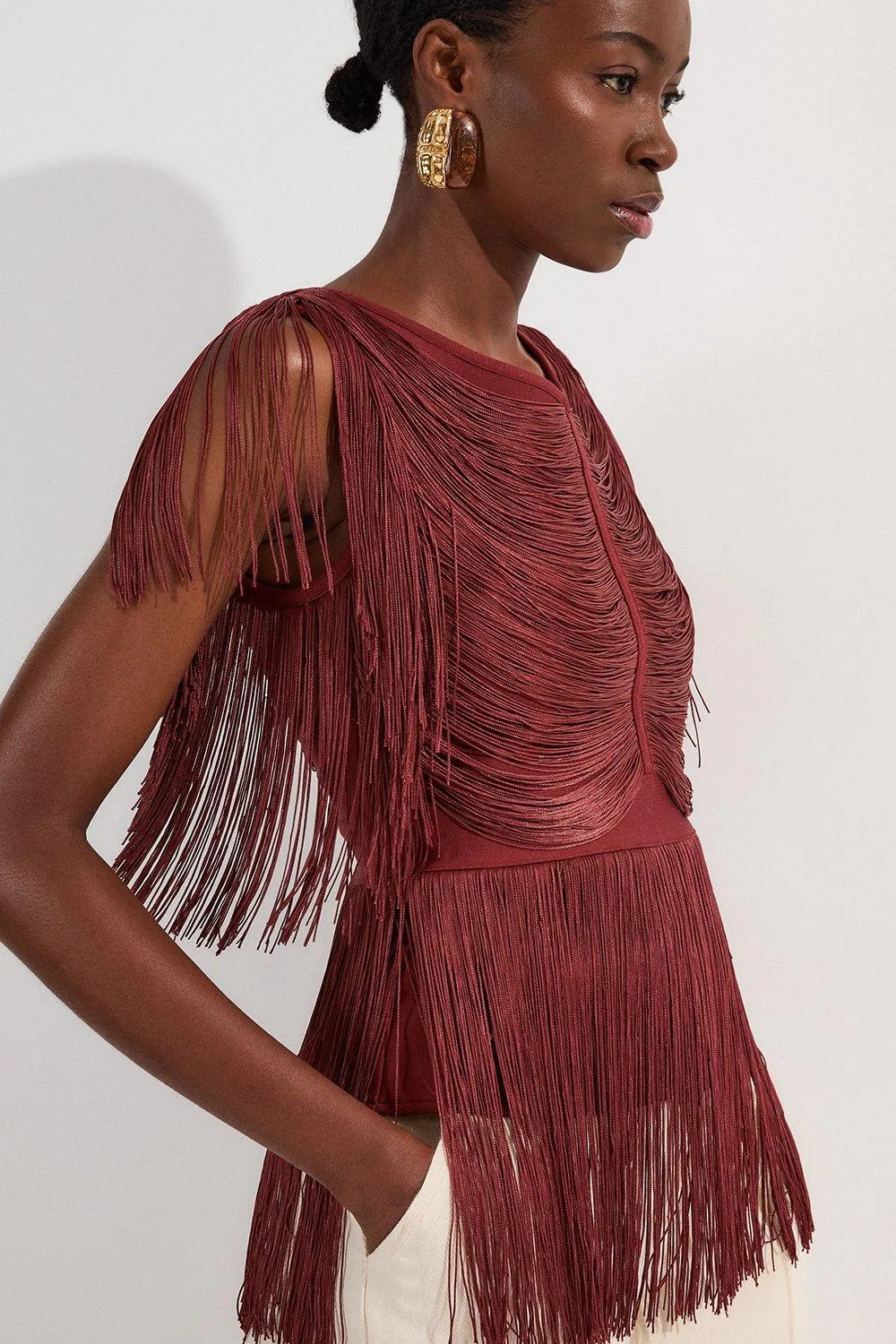 Draped Fringe Knitted Top | Karen Millen US