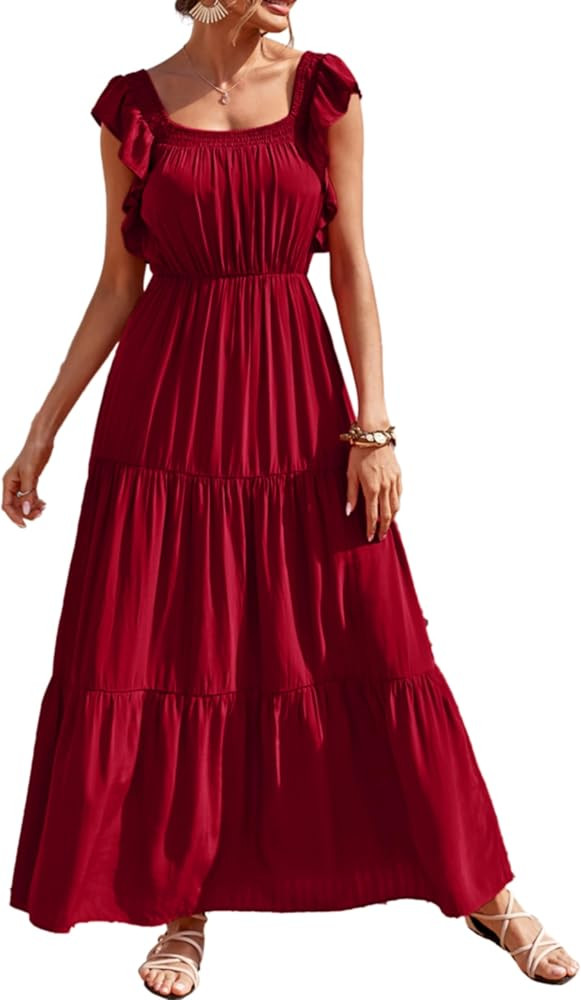 PRETTYGARDEN Womens Summer Boho Maxi Dress Short Sleeve V Neck Ruffle Trim High Waisted Tiered Pa... | Amazon (US)