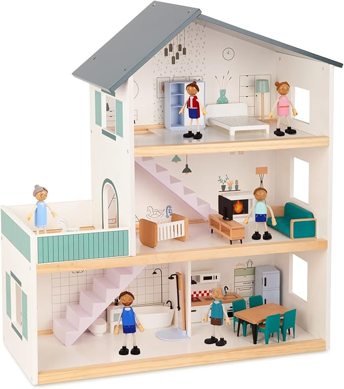 TOOKYLAND Wooden Dollhouse Play Set - 31pcs - 6 Dolls and Furniture Included, Ages 3+ | Amazon (CA)